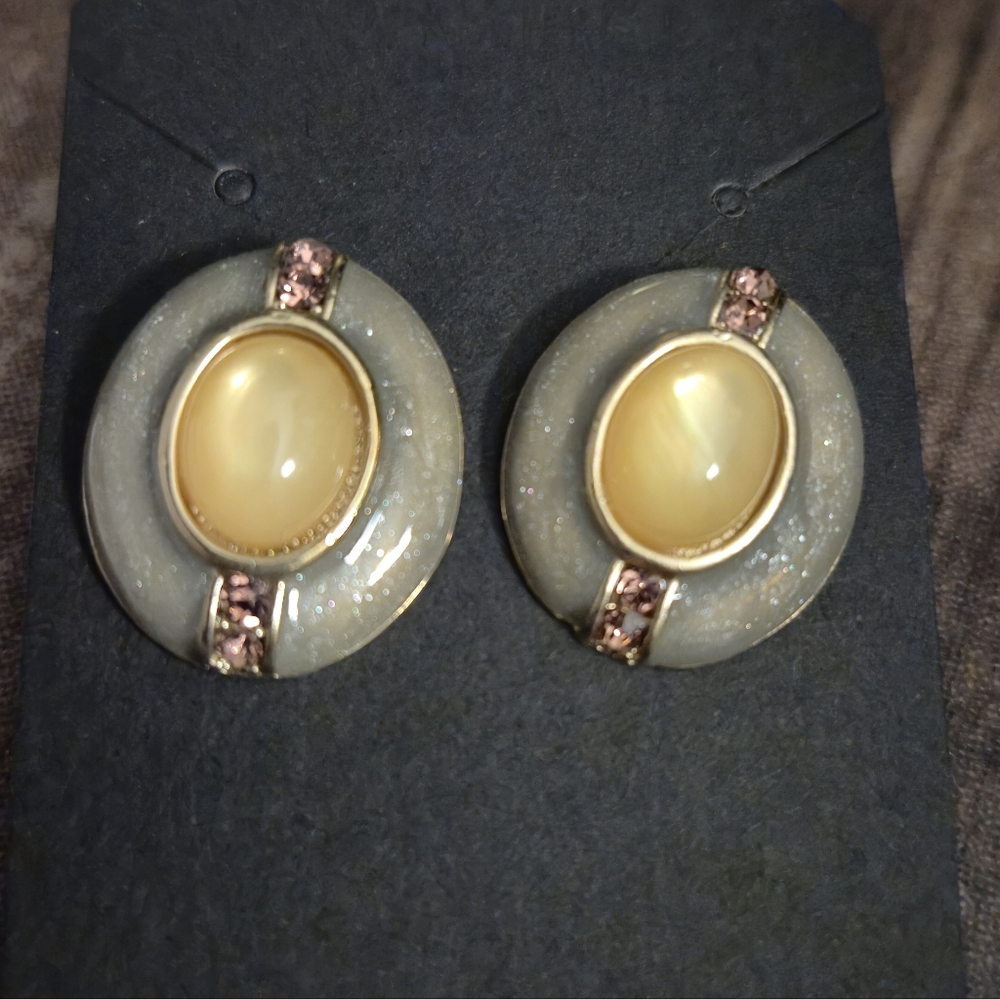 CHICO'S Oval CABUCHON Button Earrings with Pink Accents
